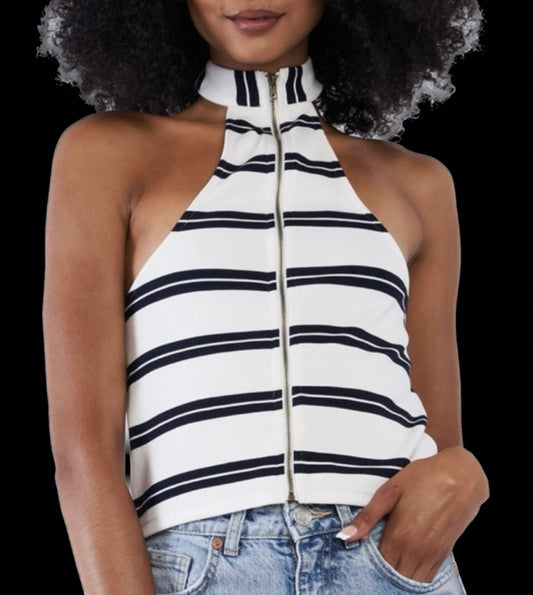 Striped Halter Zip Up Top