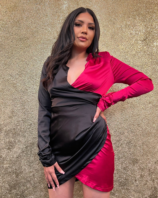 Black Fuchsia Deep V Neck Surplice Dress