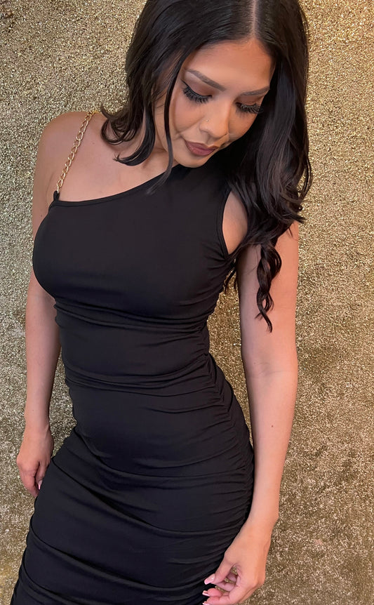 Black ribbed chain strap midi dress