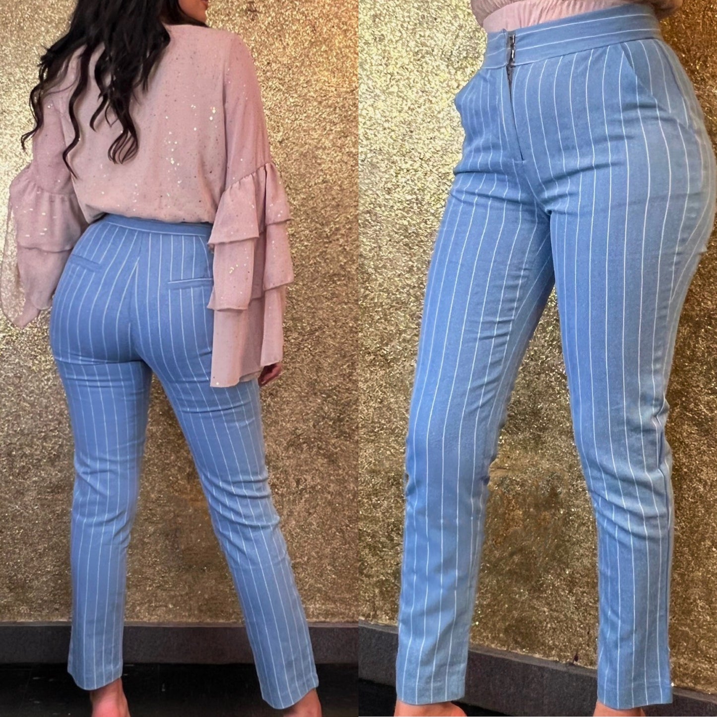 Denim stretchy pants with stripes