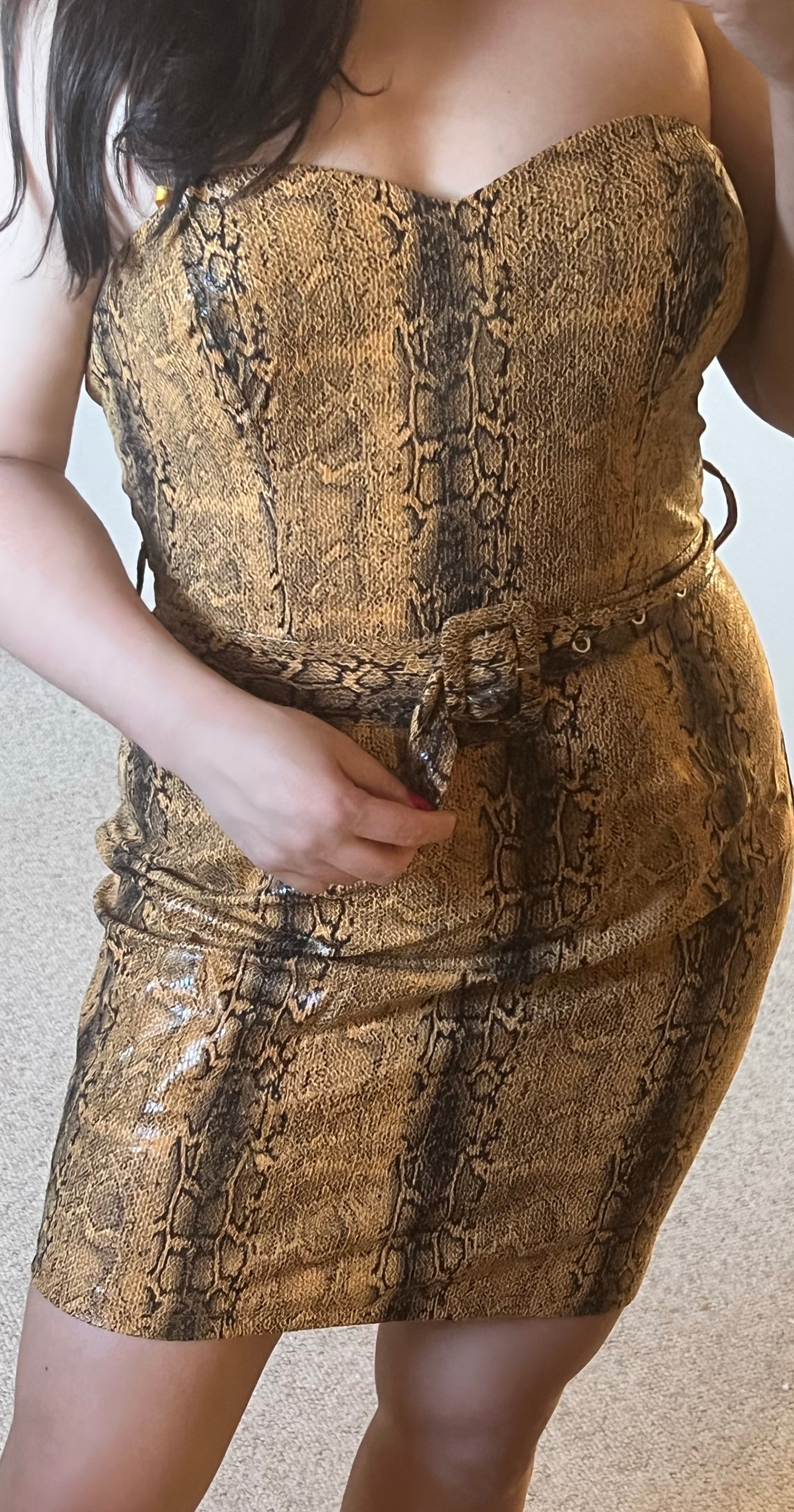 Strapless belted snake print dress