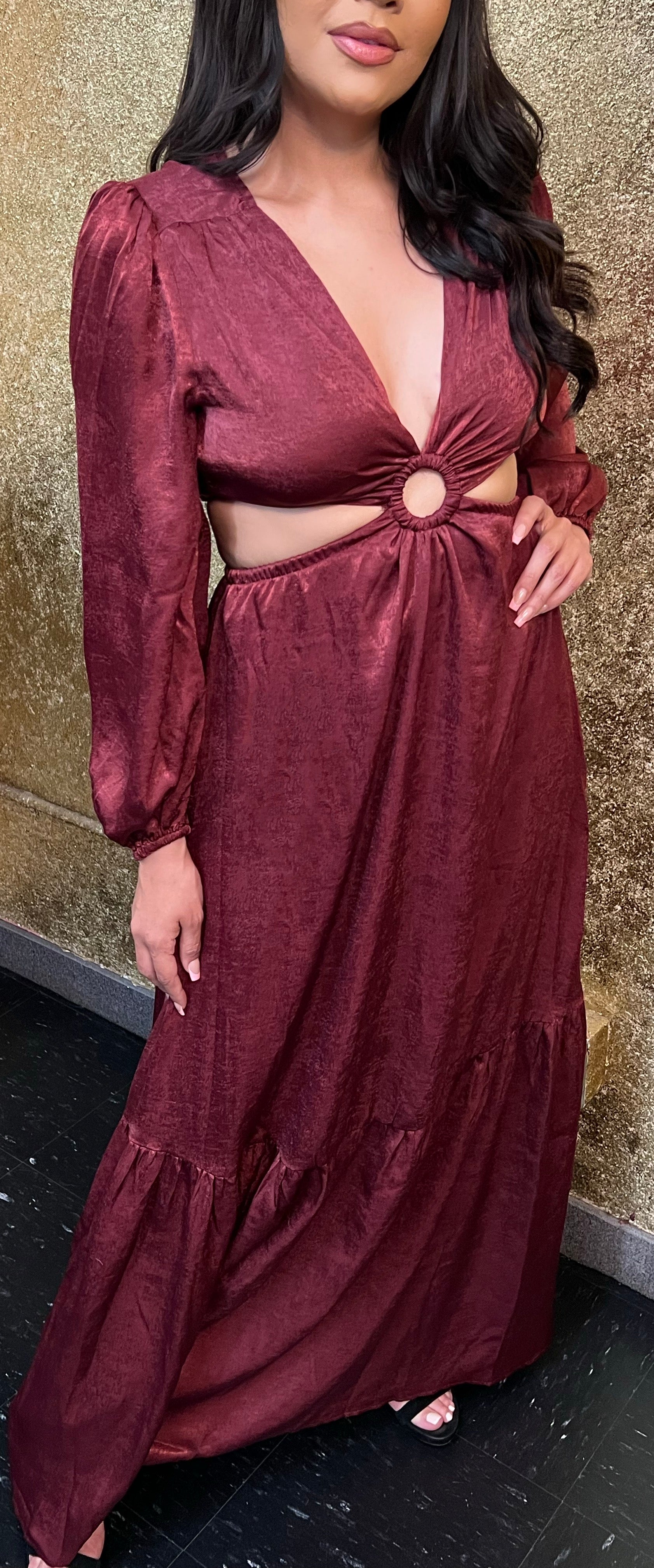 wine satin dress long sleeve Exquisite Luxury Satin Long Sleeve Maxi Dress Burgundy