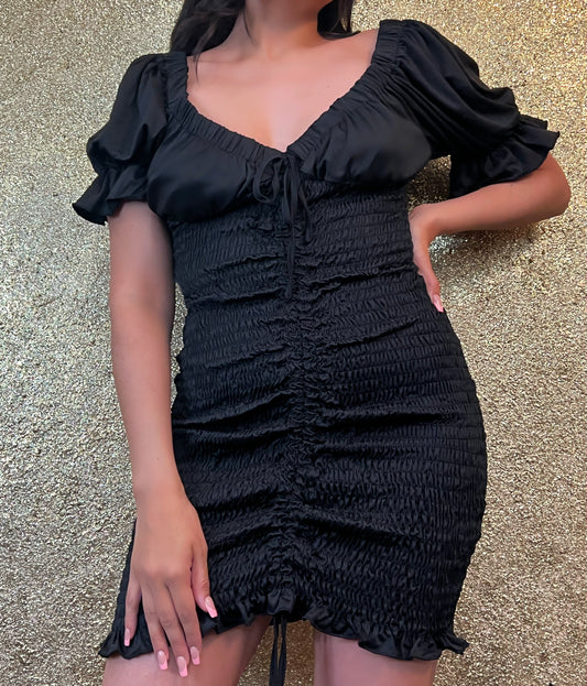 Black smocked ruched dress