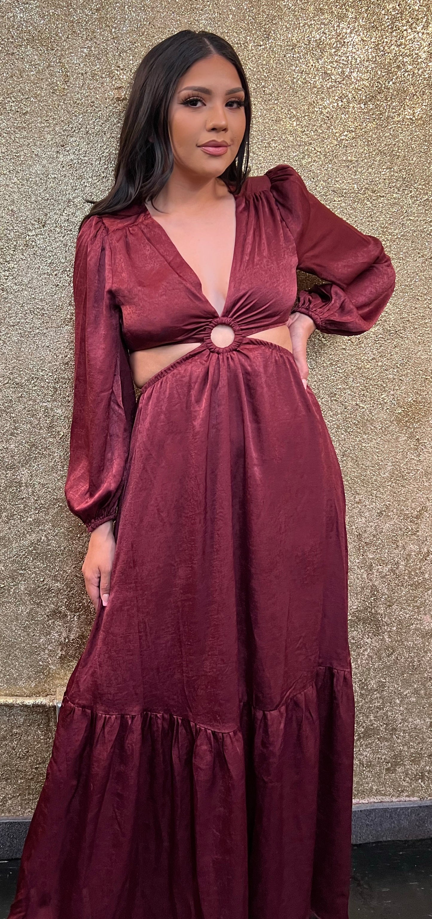 Red Wine Satin Maxi Cut-Out