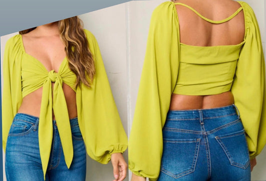 Lime green self tie blouse
