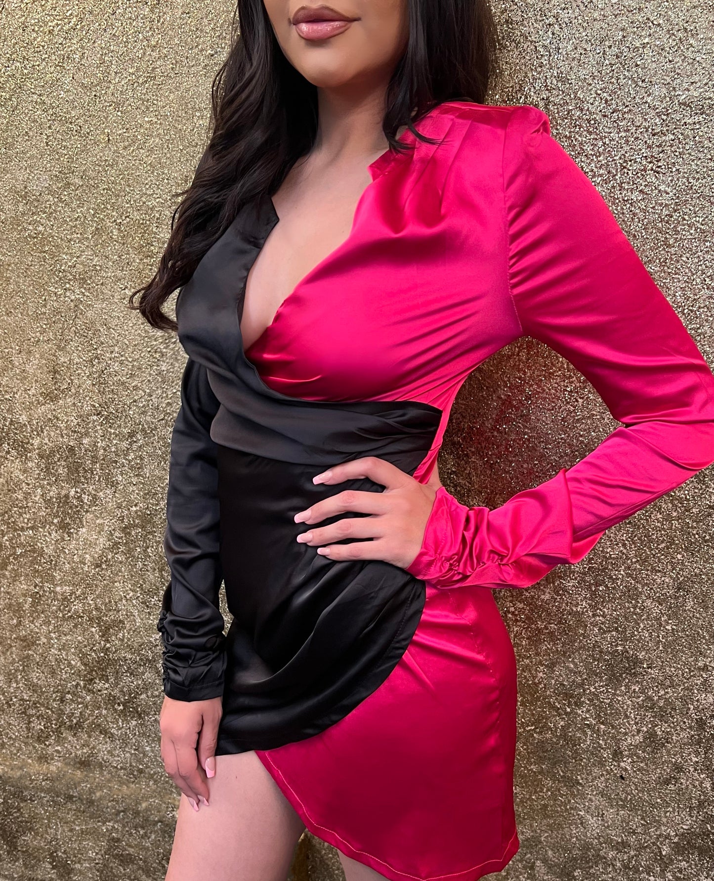 Black Fuchsia Deep V Neck Surplice Dress