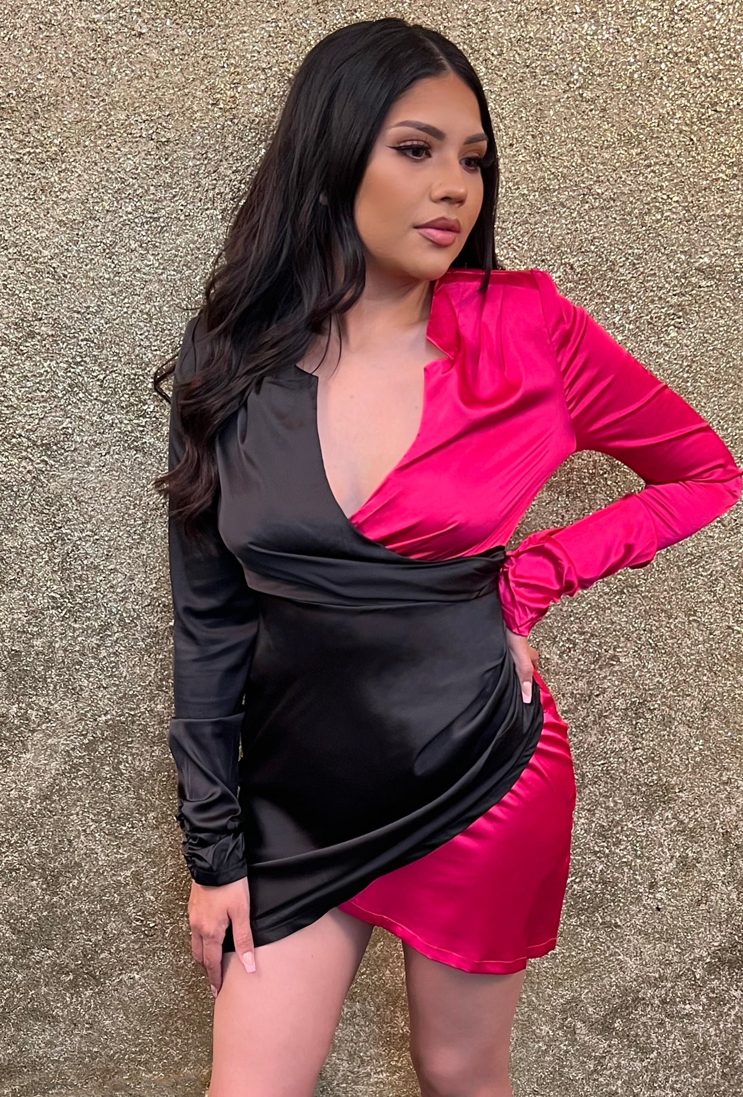 Black Fuchsia Deep V Neck Surplice Dress