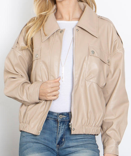 Tan Leather Bomber