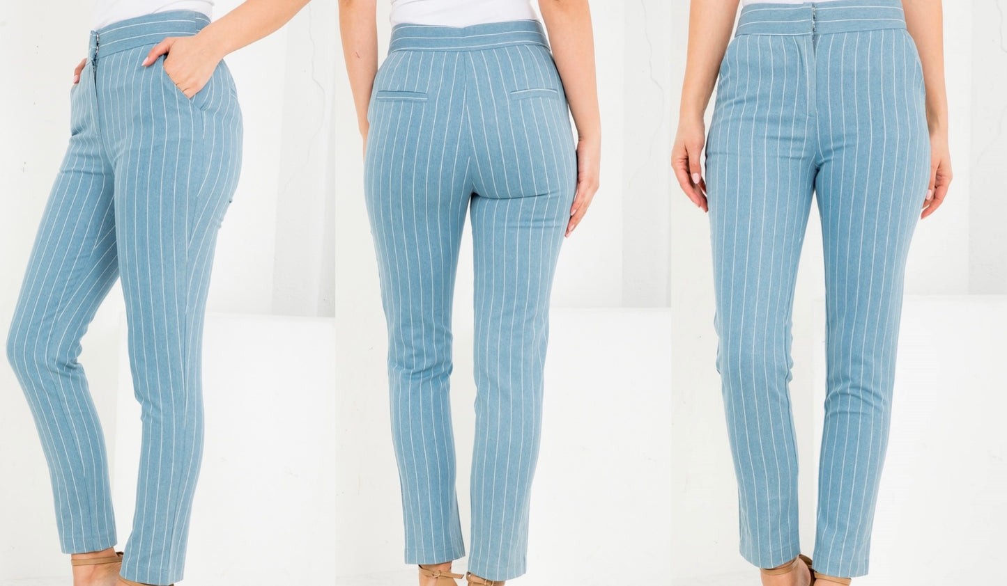 Denim stretchy pants with stripes